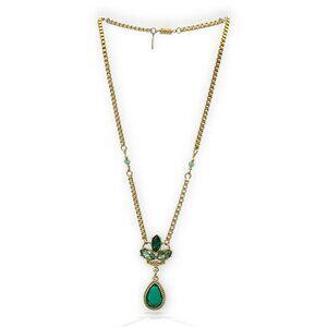 1928 Gold Tone Emerald Green Tear Drop Rhinestone Beaded Necklace Vintage Signed